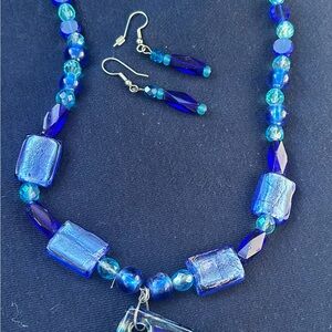 Vibrant Blue Glass Bead Necklace and Earring Set